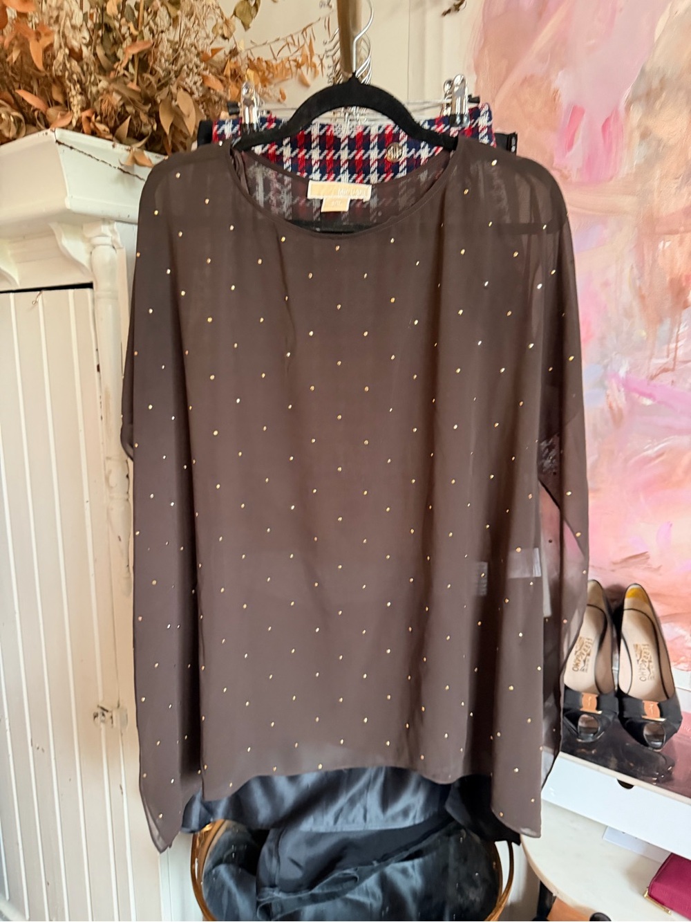 Elegant Brown Sheer Blouse with Subtle Gold Dots